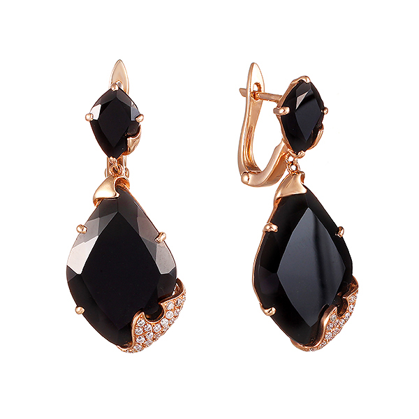 Серьги из золота c бриллиантами и ониксом. 02600351667 Серьги (Au 585)