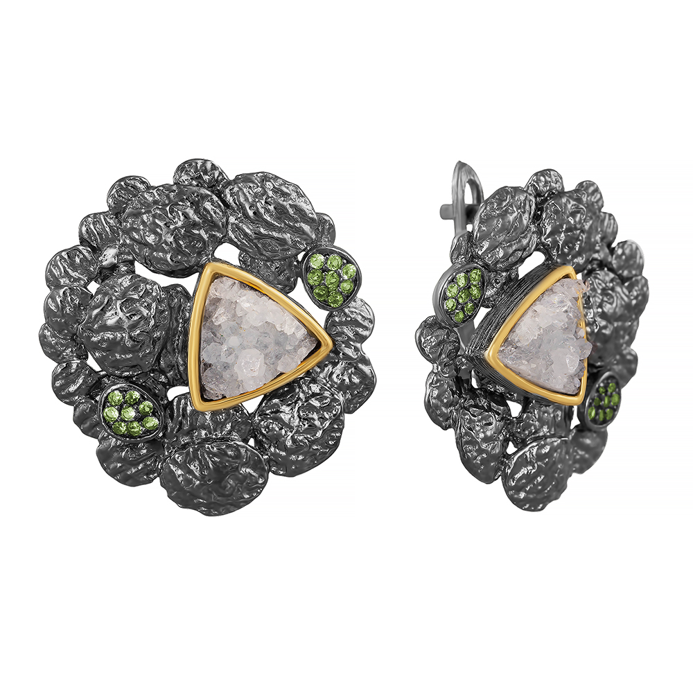 Серьги из серебра с друзой и перидотами 1500007046904 Серьги (Ag 925)