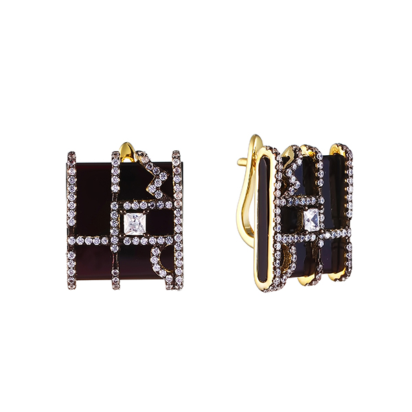 Серьги из серебра с ониксом и кубическим цирконием 0140006040705 Серьги (Ag 925)
