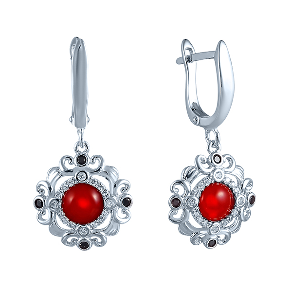 Серьги из серебра с красным агатом и кубическим цирконом 1440001025203 Серьги (Ag 925)
