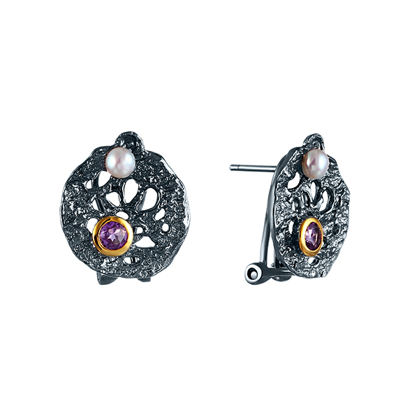 Серьги из серебра с жемчугом и аметистом 1500001065302 Серьги (Ag 925)