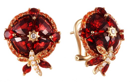 Серьги из желтого золота с гранатами и бриллиантами 23200260158 Серьги (Au 585)