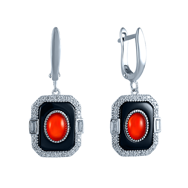 Серьги из серебра,с ониксом ,агатом и кубическими цирконами 1440001024401 Серьги (Ag 925)